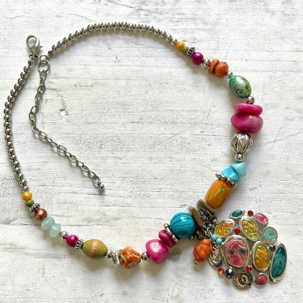 Colorful beaded silver tone pendant necklace
